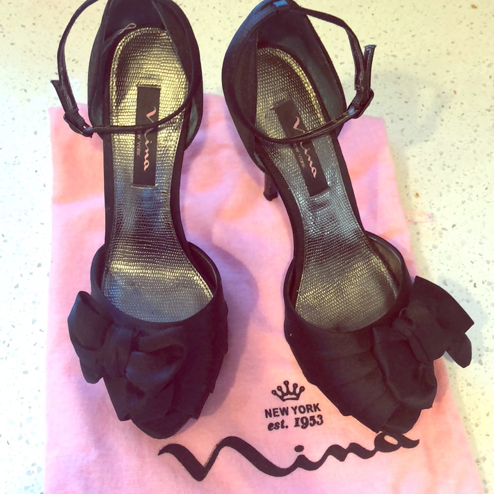 Nina Black Satin Bow Peep Toe Heels
